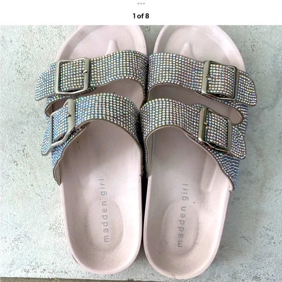 MADDEN GIRL Women's Blush Rhinestone Embellished Teddy Slip Ons Slide Sandals 6 - Picture 1 of 5